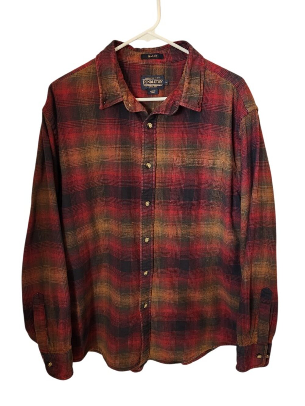 Pendleton Mason Flannel Shirt Mens Size XL Red Black Green Brown Plaid Cotton